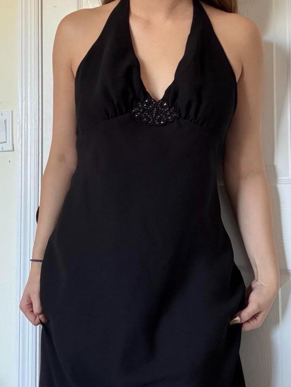 Black Halter Evening Dress with Beaded Detail